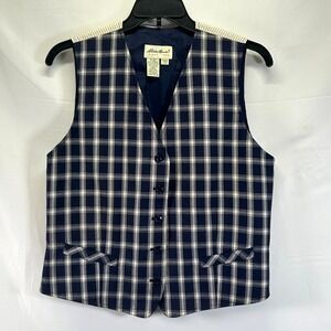 Vintage 1990 Eddie Bauer Vest Womens L Cotton Plaid Stripe Blue Button Retro y2k